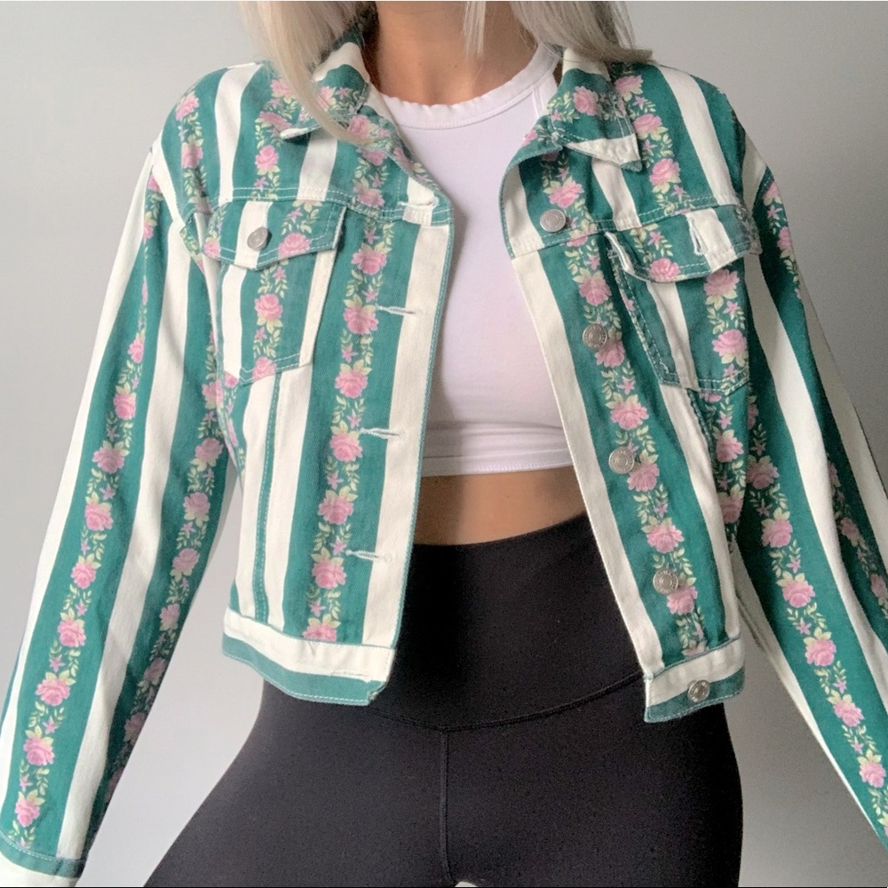 VINTAGE | Upcycled Striped Jean Crop Denim Jacket
